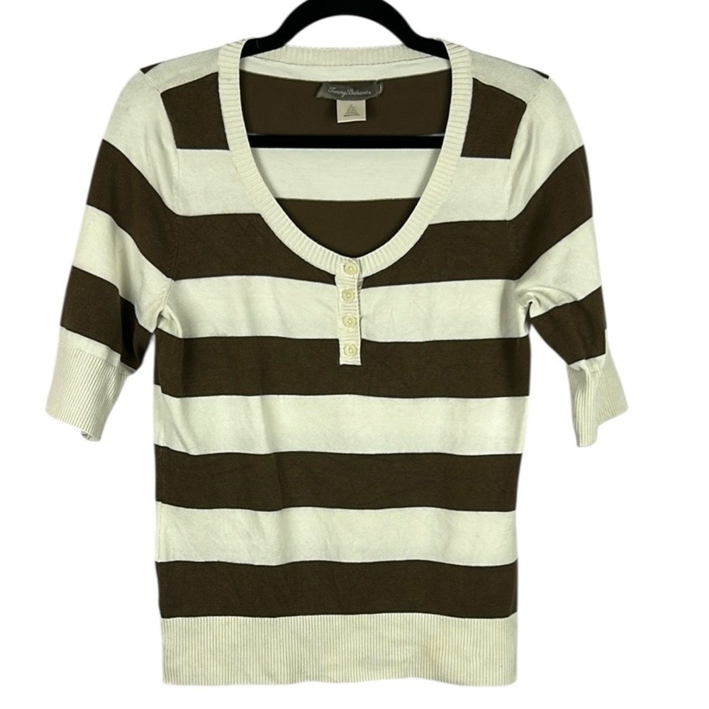 Tommy Bahama Nautical Silk Colourblock Short Sleeve Top Medium Cream Brown FLAW